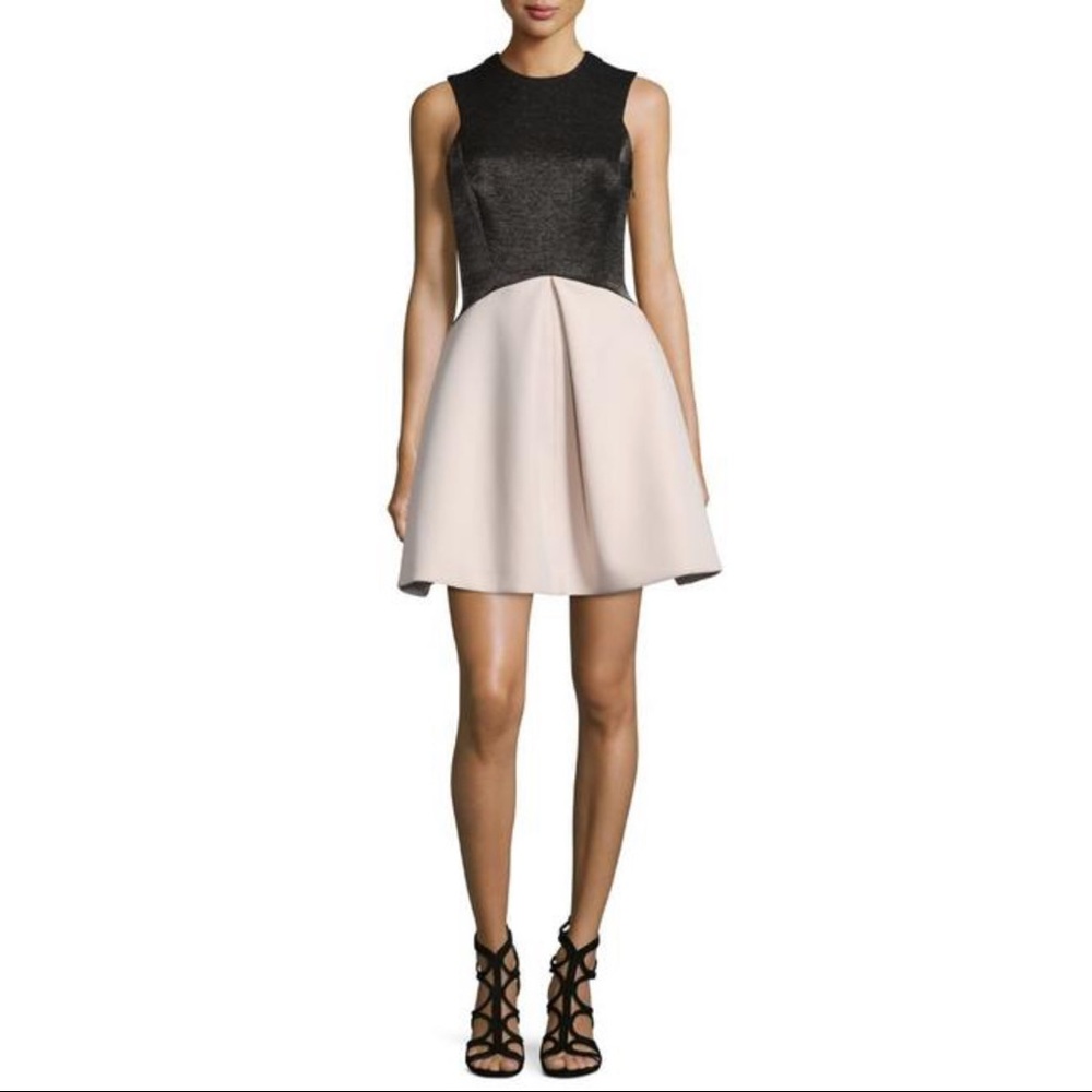 Halston Heritage black jacquard Fit & Flare party colorblock puff Dress